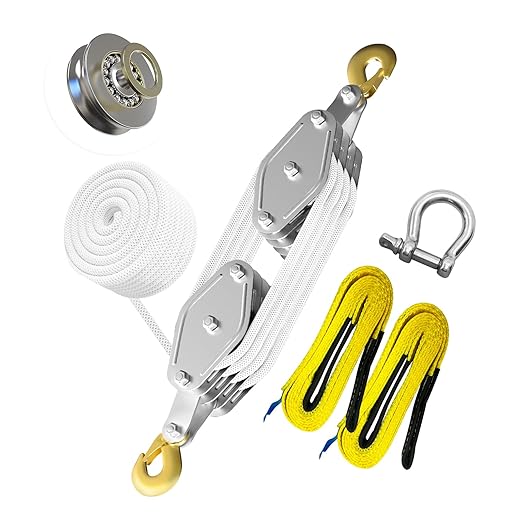 YATOINTO Rope Pulley Hoist 4400 LB, Pulley Block with 3/8" Shackle and 2PCS Lift Sling, 8:1 Lifting Power Block and Tackle Pulley System, 65ft Heavy Duty Rope Hoist for Garage Warehouse Constructions