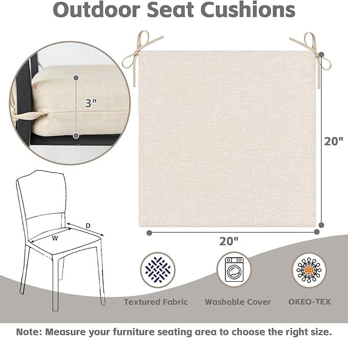 COZYVIDA Outdoor Chair Cushions Set of 4, 20"x20" Square Seat Pads with Tie Straps and YKK Zippers, 30D High-Density Foam, Water-Resistant Fabric,UV-Resistant 1000+ Hrs,Putty