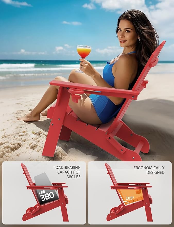 Folding Adirondack Chair Set of 2, Wooden Textured Plastic Adirondack Chairs with 2 Cup Holder, Weather Resistant HDPE Fire Pit Chair, Outdoor Patio Chairs for Garden, Backyard, Lawn, Deck, Red
