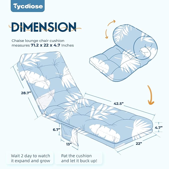 Outdoor Chaise Lounge Chair Cushion, 71 x 22 x 4.7 Inches Waterproof Chaise Lounge Cushions Replacement for Outdoor Furniture, Thickened Non-Slip Patio Lounge Chair Cushions, Blue Leaves
