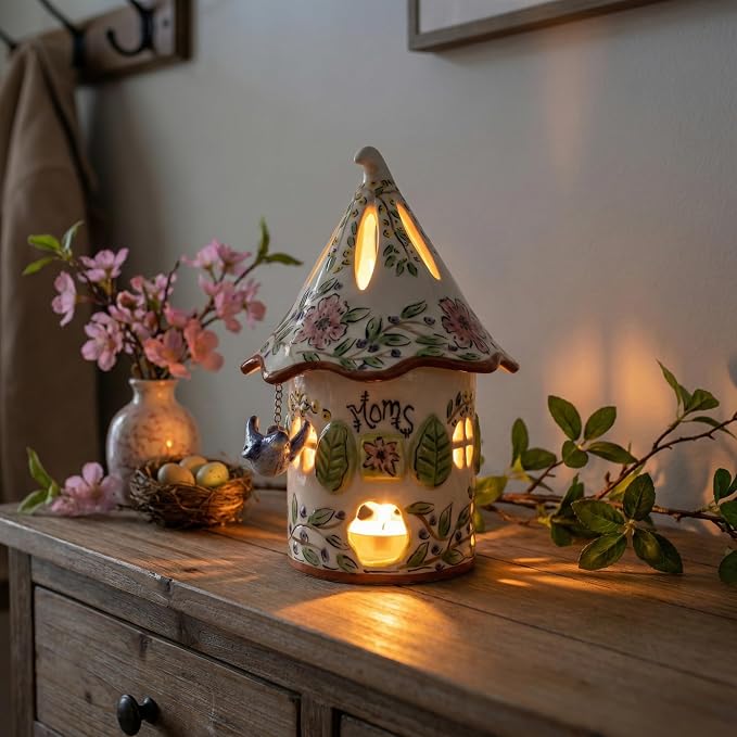 Blue Sky Clayworks Mom Wildflower Blue Bird Candle House, Ceramic, 6" L x 6" W x 9" H, Garden Thank-You Glow