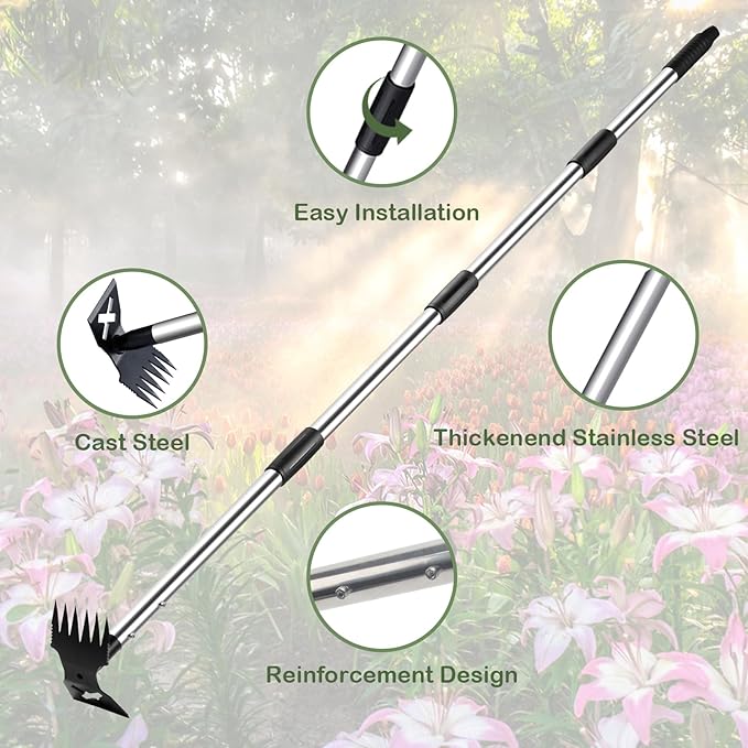 NICOFPHY Weed Puller Tool with Long Handle - 60" Manual Weeder Remover Tool, 2 in 1 Hand Weed Rake and Garden Hoe for Gardening, Heavy Duty Uprooting Weeding Pull for Yard, Lawn, Patio and Garden