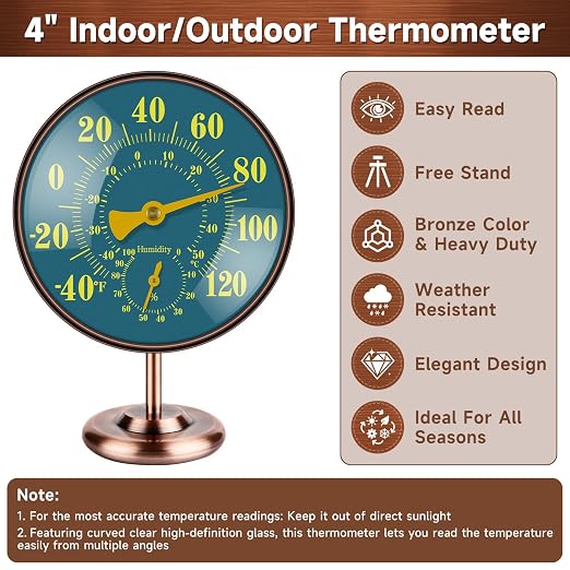 4 Inch Outdoor Thermometer and Humidity Gauge, Analog Brass Thermometer Hygrometer Combo with Large Blue-Green Dial, Fahrenheit/Celsius, Waterproof for Patio, Garden, Indoor Wall or Desk with Stand