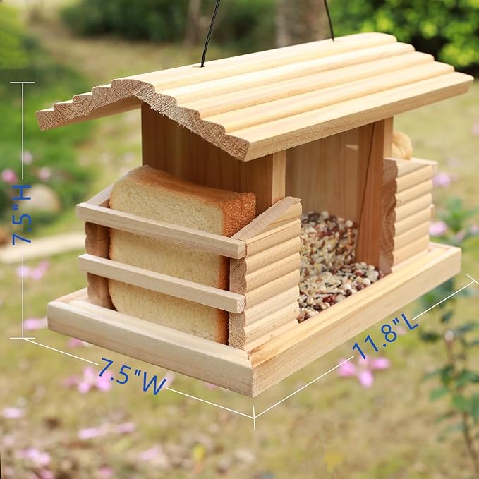 Double Suet Cake Bird Feeder, Wooden Hanging Platform with Windows, Outdoor Wild Bird Mealworm Feeder