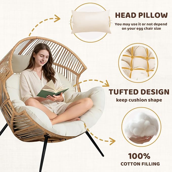 Waterproof Egg Chair Cushion Replacement, 47x33x7 Inches Thicken Outdoor Hanging Chair Cushion with Headrest Pillow, Cushions for Egg Chairs, Cream