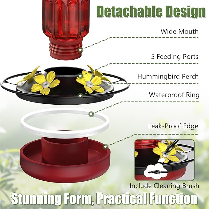 Hummingbird Feeders for Outdoors, Hanging Hummingbird Feeder with 5 Flower-Shaped Feeding Ports, 16 Oz Bird Feeder with Bee Proof & Built-in Ant Moat, Outdoor Garden Decor Gifts for Women Mom