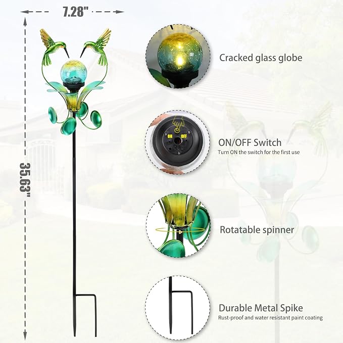 Solar Lights Outdoor Metal Garden Stake Waterproof Crackle Glass Globe Garden Decor Green Hummingbird for Pathway, Lawn, Patio, Yard