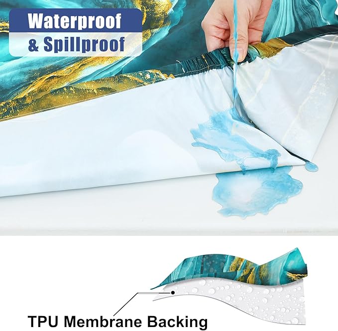 Smiry Picnic Table Cover with Bench Covers, Waterproof Elastic Fitted Tablecloth for 5 Foot Tables, Washable Polyester Tablecloths for Camping, Indoor & Outdoor (Teal & Gold, 30x60 Inch 3-pc Set)