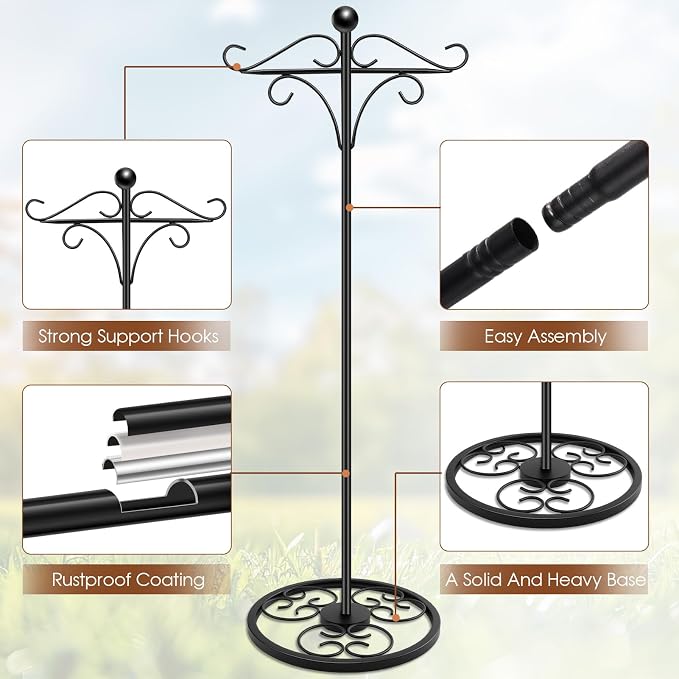 63" Adjustable Shepherd Hook Stand with Round Base Stand for Wind Chime, Bird Feeder, Lantern for Indoor & Outdoor Garden Patio Home Decor. (Double Shepherd's Hook, 63, Inches)
