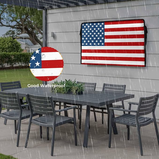 American Flag Outdoor TV Cover - 30-32 Inch Weatherproof, USA Flag Waterproof TV Enclosure with Zipper & Roll Up Front Flap