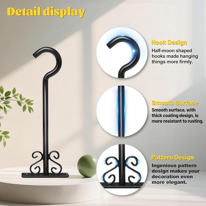 BOLITE Plant Hangers, 8 Inch Plant Hooks for Wall Indoor Outdoor, Metal Hooks for Hanging Hummingbird Feeders, Bird Feeders, Planters, Lanterns, Wind Chimes, 2 Pack, Black, Gifts for Women Men
