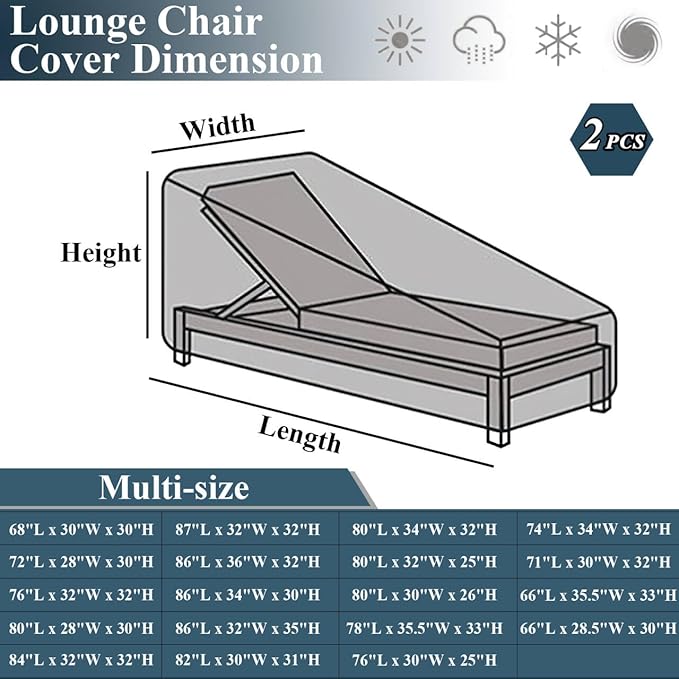 2-Piece Outdoor Chaise Lounge Covers - Patio Chaise Lounge Covers, Waterproof Heavy Duty, Black & White Stripe, 80"L x 34"W x 32"H