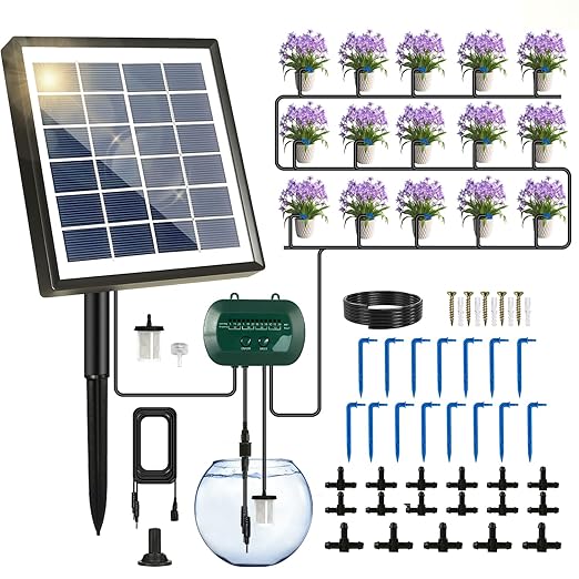 Breeze Touch Solar Drip Irrigation Kit 50FT, Automatic Garden Watering System with Timer, Draws Water from Container, Supports 15 Pots for Balcony, Patio, Indoor & Outdoor Plants