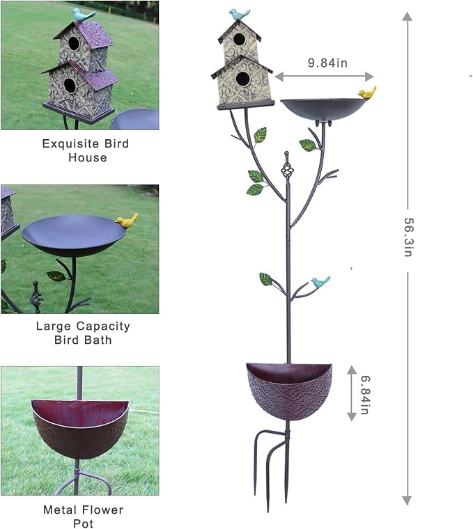 56.3 Inch Outdoor Bird Bath and Bird House Combo with Planting Pot, Metal Bird Bath with Bird House and Planting Pot 3 in 1, Suitable for Garden Yard Terrace Decoration.