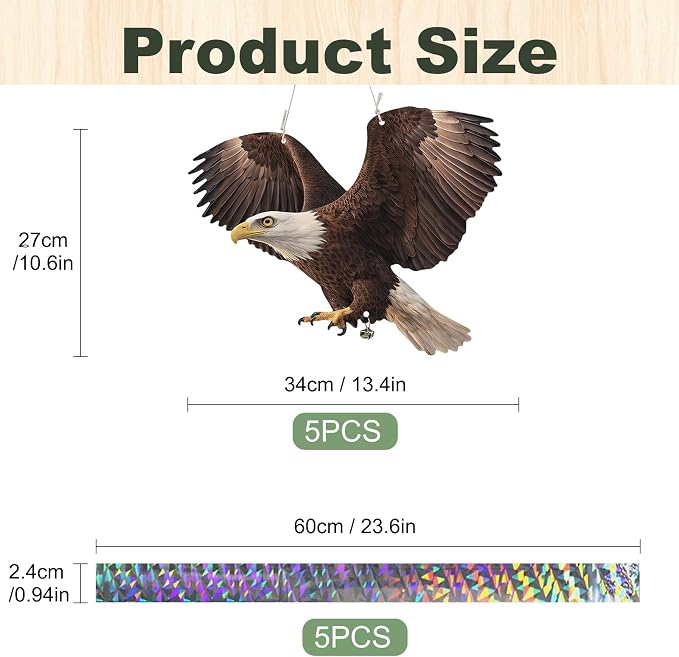 5 Pack Fake Eagle to Scare Animals Away, Hanging Flat Plastic Fake Eagle with Reflective Tape for Keep Pigeon Woodpecker Away for Outdoor Contryard Garden Balcony Window Patio Backyard