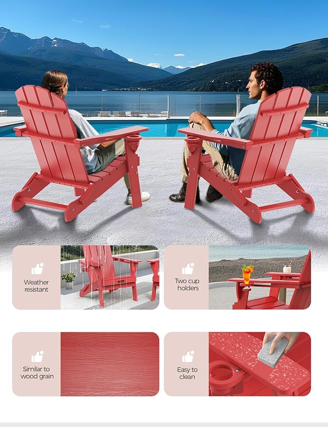 Folding Adirondack Chair Set of 6, Wooden Textured Plastic Adirondack Chairs with 2 Cup Holder, Weather Resistant HDPE Fire Pit Chair, Outdoor Patio Chairs for Garden, Backyard, Lawn, Deck, Red