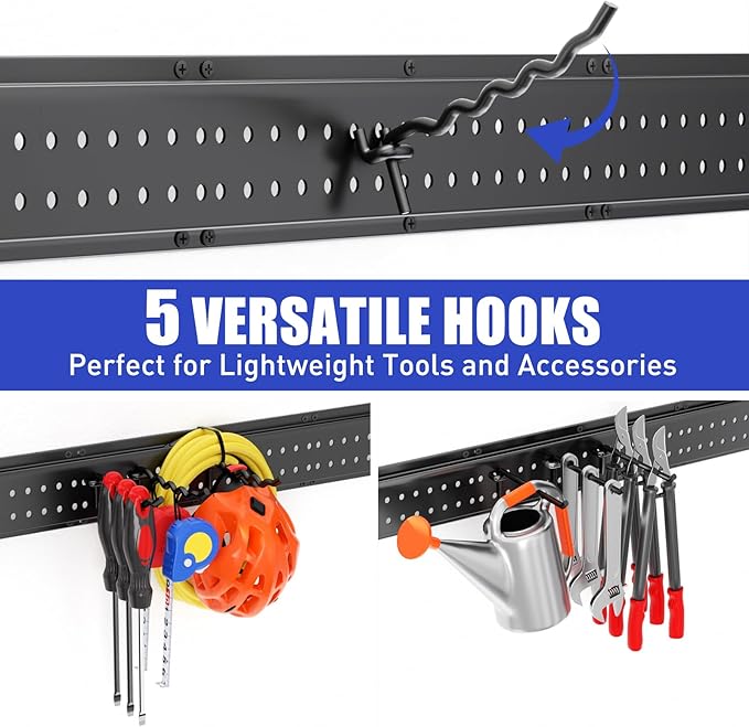 Garage Tool Organizer Wall Mount 48 inches with 10 Adjustable Heavy-Duty Hooks, Garage Organization, Garden Tool Storage Rack, Yard, and Shed, Holds Up to 400 lbs