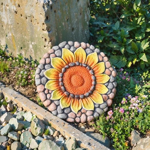 Sunflower Stepping Stones Outdoor Garden - Garden Stepping Stones Pavers for Outside Walkway Garden Stones Garden Stepping Stones Outdoor Decorative Stone for Garden 10 * 10 * 0.75 Inch