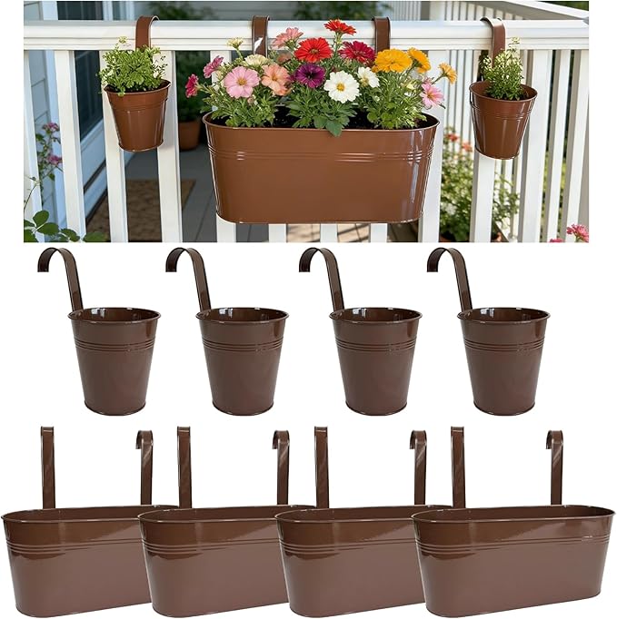Set of 8 Outdoor Metal Railing Planters Box - 4 Pcs 5.12" Round Balcony Hanging Planter & 4 Pcs 17" Oval Fence Pot with Detachable Hooks Drainage, Chocolate