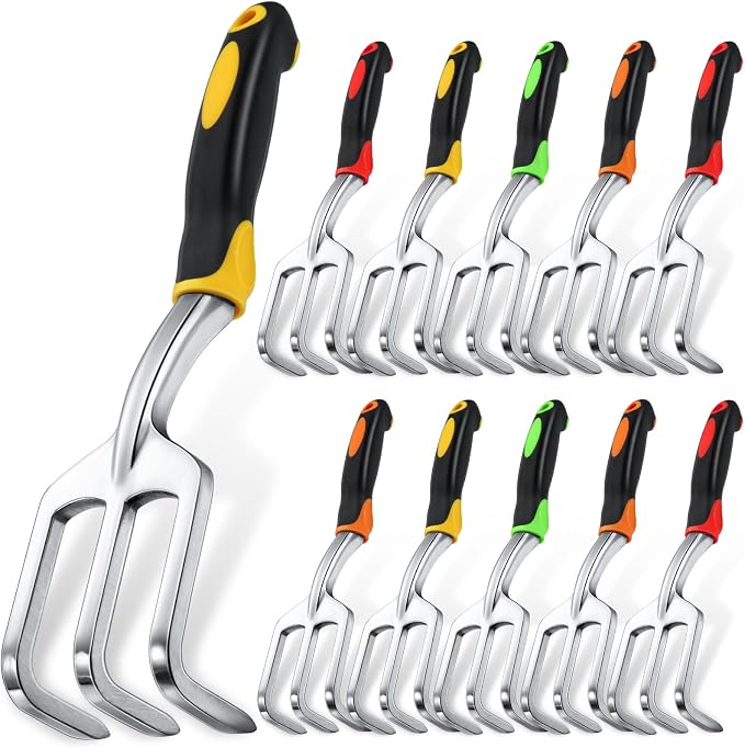 Yaocom 12 Pcs Hand Rake Garden Tool Mini Heavy Duty Garden Cultivator 11 Inch Small Rake Gardening Aluminum Alloy Hand Tiller with Handle for Digging Weeding Loose Soil (Red,Orange,Yellow,Green)