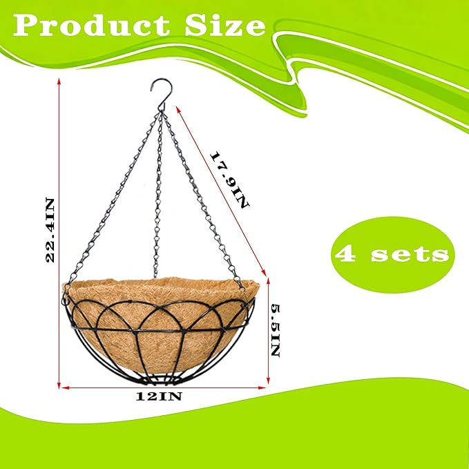4 Pack 12 Inch Black Wire Hanging Planter with Coir Fiber Outdoor Round Hanging Basket with Metal Chain for Balcony Porch Farmhouse Country Style Garden Decor (Lotus Pattern)