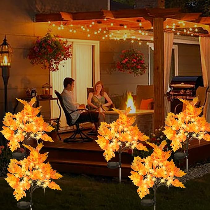 2 Packs Solar Prelit Fall Tree Lights for Outdoor Thanksgiving Decorations, 2 Modes Thanksgiving Solar Lights, Waterproof Maple Tree Solar Fall Lights for Fall Yard Patio Garden
