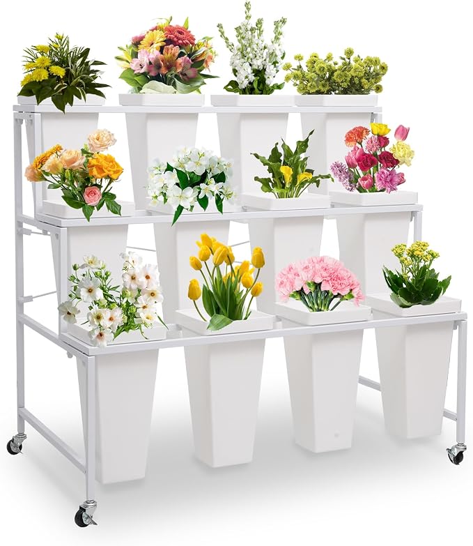Flower Display Stands with Buckets, 3-Tier Rolling Plant Stand with Locking Wheels - Heavy Duty Metal Flower Cart for Indoor/Outdoor Use, Wedding Decor & Florist Displays (Holds 12 Pots) (White)