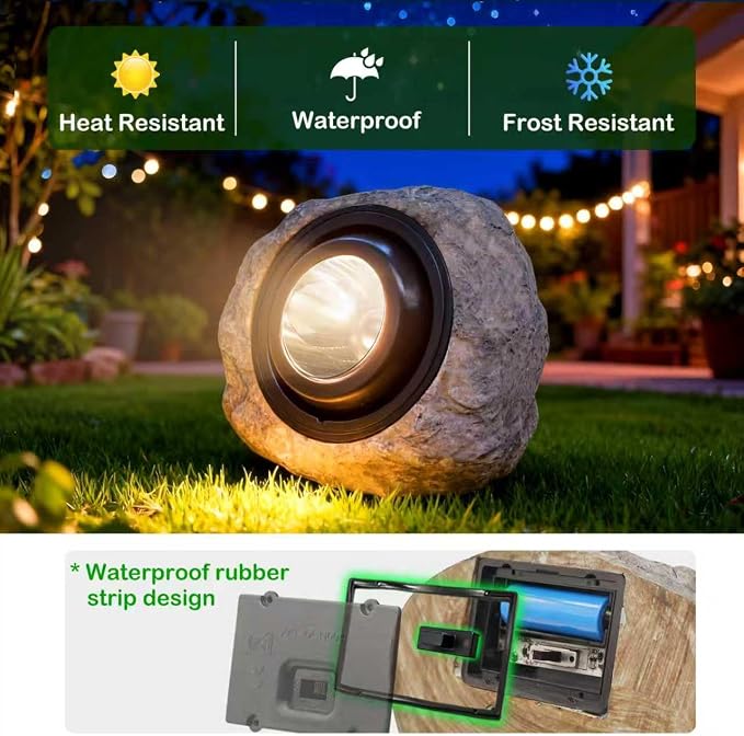 Solar Rock Lights Outdoor,4 Pack IP65 Waterproof LED Solar Ash Gray Garden Stone Spotlights,Warm White & Cool White Switchable,Auto On/Off Landscape Lights for Pathway Walkway Yard Patio