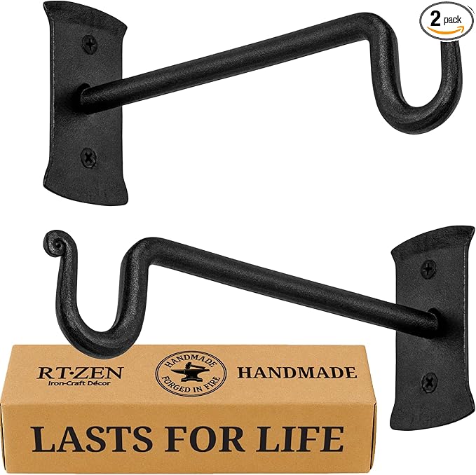 RTZEN Plant Hangers Outdoor or Indoor - Wrought Iron Metal Hanger Indoor Hook - Heavy Duty Wall Bracket Hooks for Hanging Plants Baskets Lanterns Bird Feeders - 2 Pack (Black Shepherds Hooks 7.5")