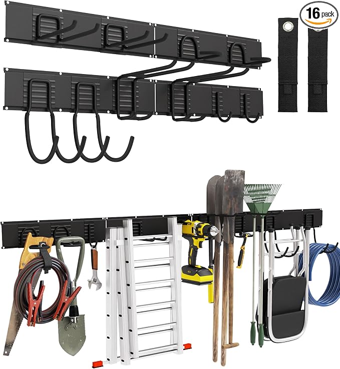 64" Heavy Duty Garage Tool Organizer Wall Mount with 10 Adjustable Metal Hooks, Storage Rack for Garage Organization, Garden Tools, Yard, and Shed Storage, Holds up to 660 lbs