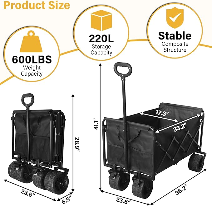 Foldable Wagon Cart with Wheels, Heavy Duty Collapsible Wagon, 600 lbs Capacity, 220L Large Capacity Utility Wagon, Dual Brakes & All-Terrain Wheels for Groceries, Beach, Camping, Apartment Moving