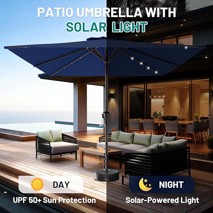 AreShark 8' X 10' Rectangular Patio Umbrella with Solar Lights, Lighted Solar Umbrella with Crank, Outdoor Table Umbrella for Garden, Deck, Backyard, Pool and Beach, Navy