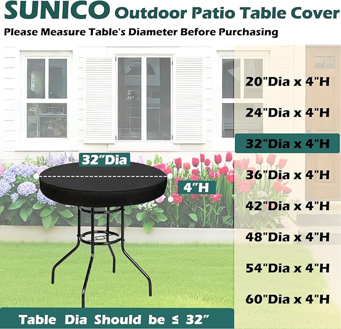 SUNICO Outdoor Round Table Cover 32" Dia, Patio Table Cover Round for Patio Circle Coffee Table & Tea Table & Picnic Table.Windproof, Waterproof, Stain-Resistant, Durable Table Cover