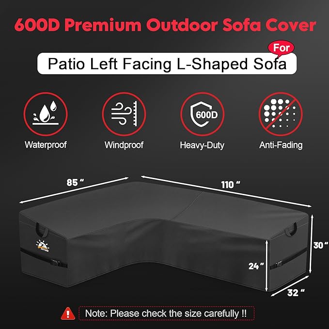 Zettum Outdoor L-Shaped Sectional Cover - 600D Patio Sectional Sofa Cover, Waterproof Patio Furniture Covers for 6-Seater Outdoor Sectional Sofa and Couch, Left Facing, 85x110 Inch Wide