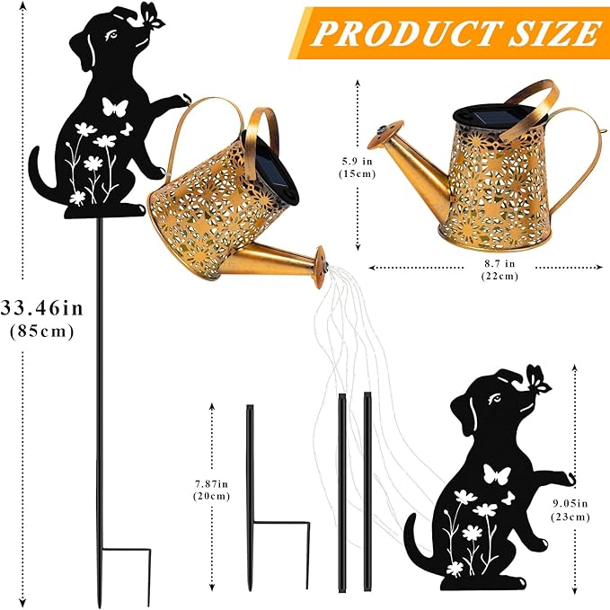 Solar Lights Outdoor Decorative, Watering Can with Cascading Lights, with Dog Silhouette Garden Stakes, Waterproof Metal Garden Decor Mom 2 Pack