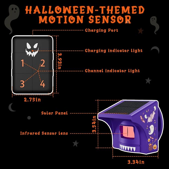 eMACROS 1/2 Mile Range Solar Driveway Alarm (Halloween Limited Edition), Halloween Decorations Motion Detector– Rechargeable Base Station with Spooky Halloween Music, Idea Gifts for Homeowners