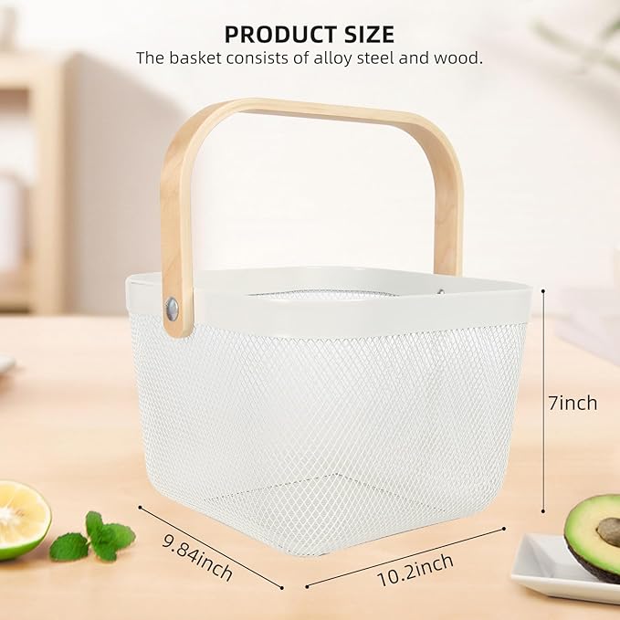 Mesh Steel Harvest Basket with Wood Handle,Hanging Kitchen Baskets Outdoor Basket,Harvest Basket for Garden Vegetables,For Shopping Garden Kitchen Bathroom Home(White)