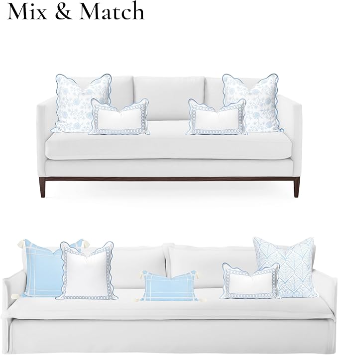 Hofdeco Premium Coastal Patio Indoor Outdoor Scalloped Lumbar Pillow Cover Only, 12"x20" Water Repellent for Backyard, Couch, Baby Blue Embroidered Begonia Pattern Chain Frame (Pack of 2)