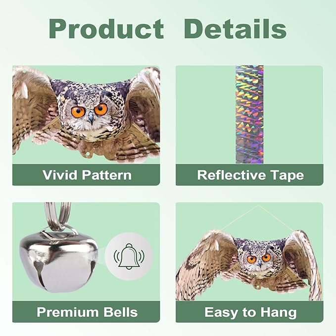 Plastic Owls to Scare Pigeon Away from Porch, 4PCS Fake Owl to Keep Woodpecker Away for House with Reflective Tape, Flat Garden Owls, Squirrel Pigeon Scare Devices, Hanging Owl Decor for Outdoor