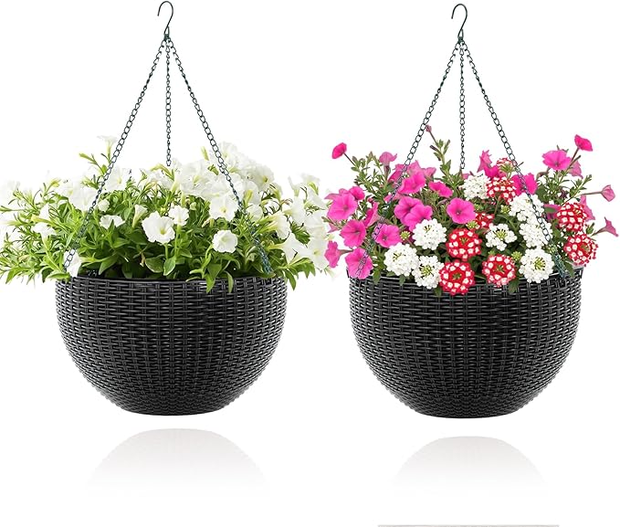 13.8 Inch Self Watering Hanging Planter, 2PCS Round Resin Hanging Basket for Indoor Outdoor Plants, Rattan Look Flower Pot with Drainage Plug, Deep Inner Pot and Sturdy Metal Triple-Chain Hanger