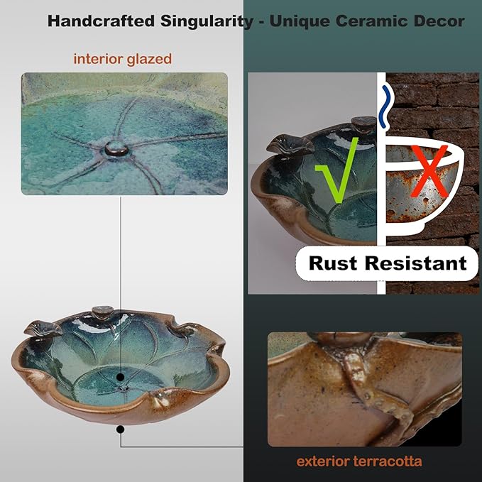 Ceramic Birdbath Solar Fountain, 12.5-Inch Heavy Duty Ceramic Bird Bath Bowl for Outdoor Water Fountain, Wildlife Drinking Station & Ground Feeder, Garden Patio Décor