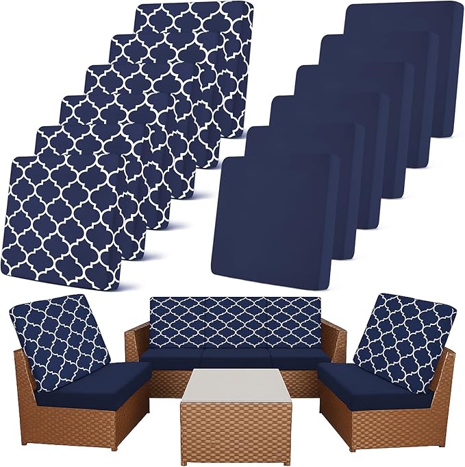 Newwiee 12 Pcs Patio Cushion Covers Outdoor Stretch Sofa Couch Cover Replacement Couch Slipcover Sofa Seat Chair Porch Patio Furniture Protector, Flexibility Washable(Navy Blue,Moroccan and Solid)
