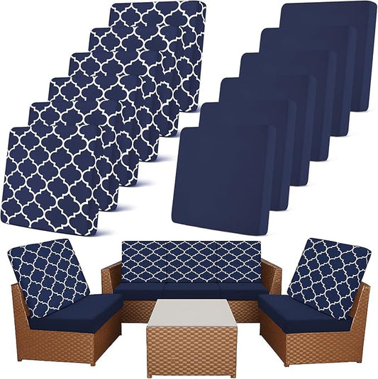 Newwiee 12 Pcs Patio Cushion Covers Outdoor Stretch Sofa Couch Cover Replacement Couch Slipcover Sofa Seat Chair Porch Patio Furniture Protector, Flexibility Washable(Navy Blue,Moroccan and Solid)