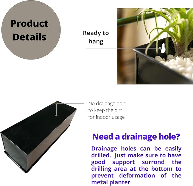 LaLaGreen Wall Planter Indoor Plants - 3 Pack, 14 Inch Large Wall Mount Planters for Succulent Black, Rectangular Metal Hanging Flower Pot, Long Window Sill Plant Box Fence Railings Floating Shelve