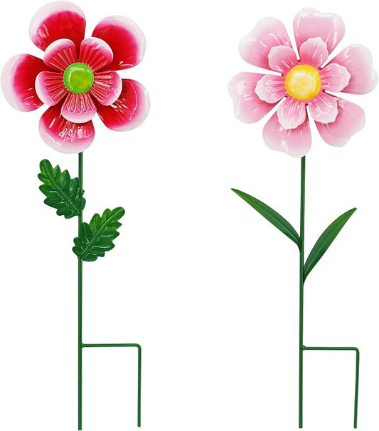 2 Pack Metal Flower Wind Spinner for Yard, 18in Outdoor Garden Stake with Retro Floral Design, Kinetic Patio Lawn Art, Weather Resistant Spring Decor