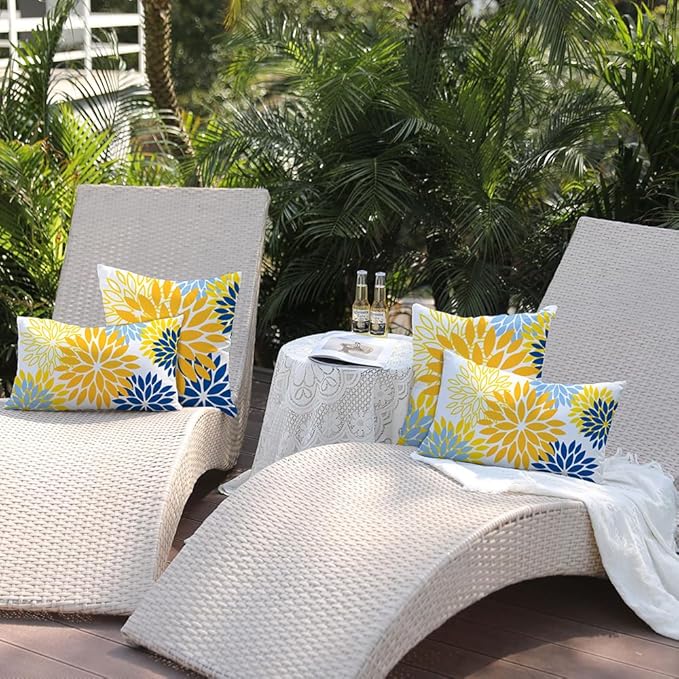 DFXSZ Yellow Blue Flower Pillow Covers 12x20 Inch Set of 2 Outdoor Throw Pillows Outdoor Waterproof Decor for Living Room Sofa Patio Funiture Garden Floral Polyester Pillow Covers 002J12