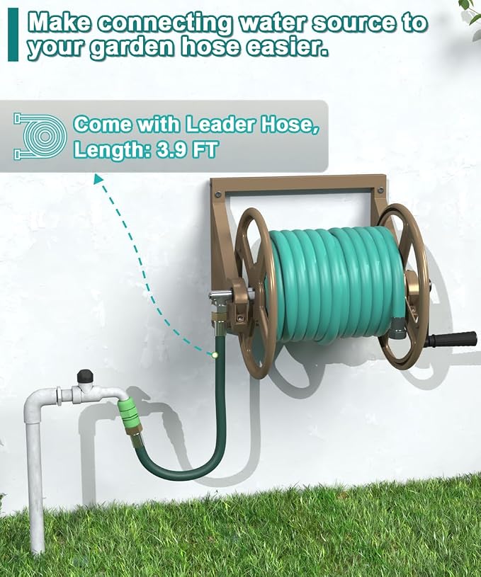 Artigarden Garden Hose Reel Wall Mounted, Outdoor Heavy Duty Powder Coated Metal Water Hoses Holder Winder Holds 125 ft 5/8" Hoses with 3.9ft Leader Hose, Stainless Steel Connector for Outside, Brown