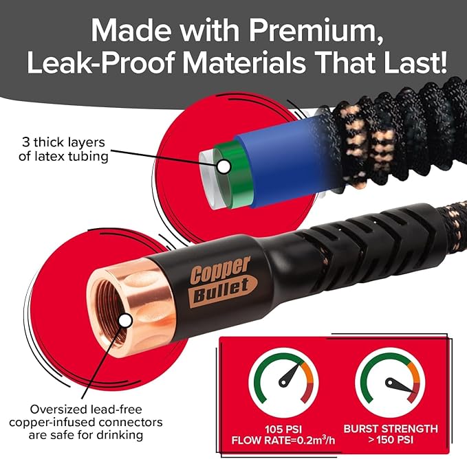 Pocket Hose 75 FT Copper Bullet Expandable Garden Hose w/10 Pattern Thumb Spray Nozzle AS SEEN ON TV 650psi 3/4 in Patented Lead-Free Ultra-Lightweight Solid Copper Anodized Aluminum