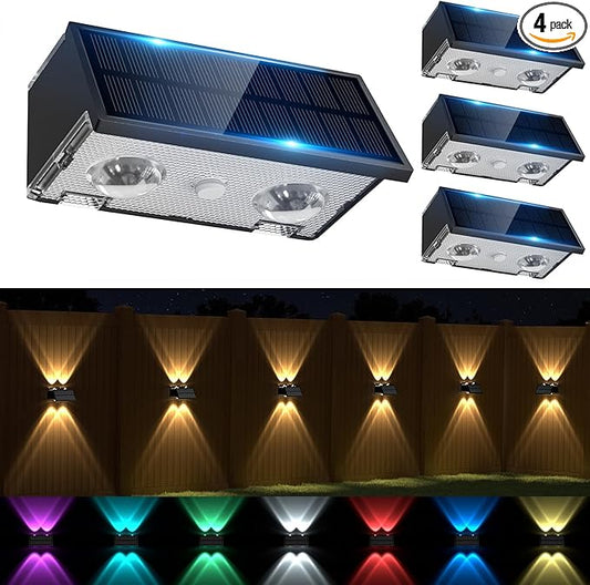 Solar Fence Lights Outdoor, Warm & Cool White RGB Dusk to Dawn Waterproof LED Wall Mount Sconce Light Up & Down Deck Lights Solar Powered for Outside Garden Patio Backyard Garage(4 Pack)