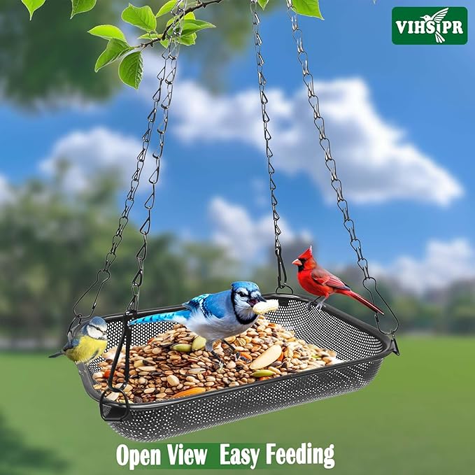 Hanging Bird Feeder for Outdoors – 12 x 8 in Rectangular Platform Bird Feeder, Metal Mesh Seed Tray for Wild Birds, Black
